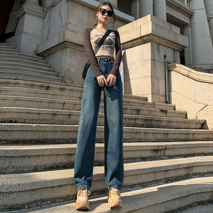 Two-Button Petite Black-Gray Wide-Leg Jeans for Women, 2025 Retro Vintage Spring Style, Drapey Floor-Length Pants