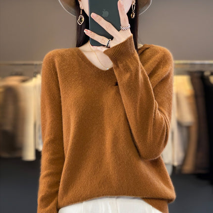 First-Line Garments 100 Pure Wool 2025 Spring New Women's V-Neck Hooded Sweater Pullover Short Needle Sweater