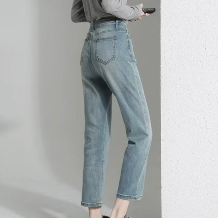 Pear-Shaped Straight-Leg Jeans Women's Spring and Autumn Blue High Waist Loose Slimming Vintage All-Match 89 Cigarette Pipe