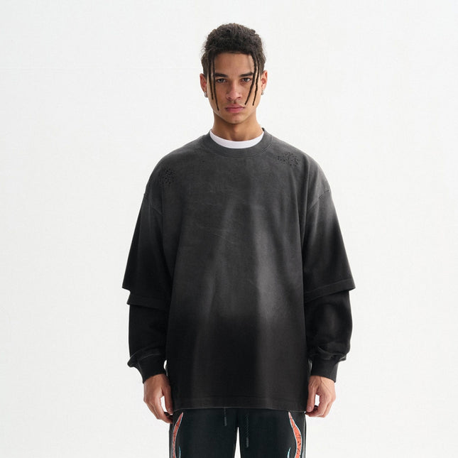 Spring and Autumn Men's Fake Two-Piece Pattern Printed Long-Sleeved Washed and Distressed Fashion Retro American Casual Heavy Top Inner Wear