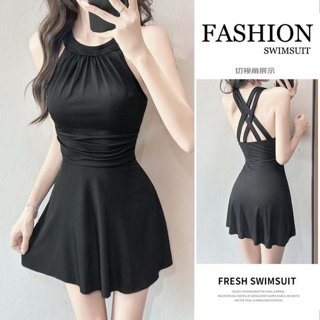 Swimsuit Women's One-Piece Pure Color 2025 New Sexy Beautiful Back Swimsuit Dress Style Conservative Slimming Look Hot Spring Vacation