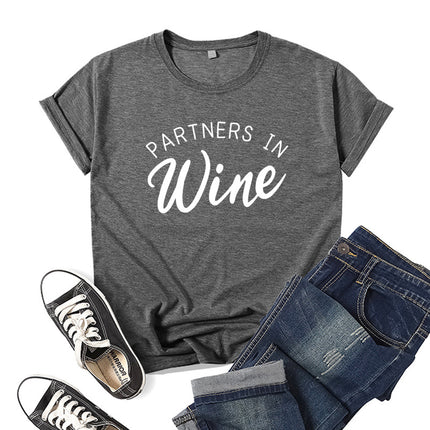 Foreign Trade Cross-border PARTNERS IN WINE Printed Short-sleeved Crewneck T-shirt European and American Men's and Women's Top Loose Casual