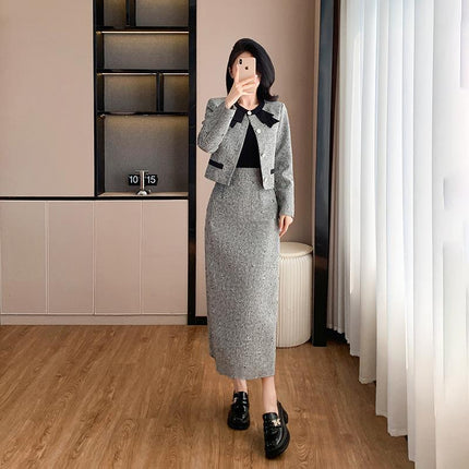 Socialite Style Chanel-Inspired Women's Set European Station 2026 Autumn New Bowknot Top and Skirt Two-Piece Set