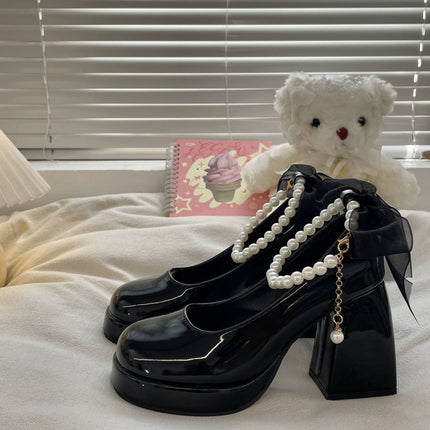 Bow Fairy French Pearl White High Heels Small Waterproof Spring & Fall New Shoes