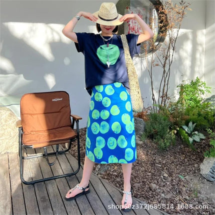 Pure Cotton ~ Spring and Summer New Niche Design Holiday Style A-Line High-Waist Slim Cotton Apple Print Skirt for Women