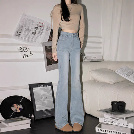Petite Washed Light-Colored High-Waisted Flared Jeans for Women 2025 Spring New Slim Fit Bootcut Pants