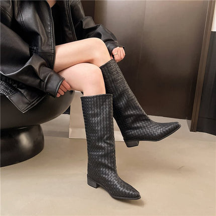 Niche Woven Plaid High Boots for Women 2025 New Pointed Toe Thick Heel Over-The-Knee Boots Large Size Western Knight Boots