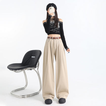 Korean Style Pleated Loose Wide Leg Jeans Women's 2024 Autumn New High Waist Drape Slimming All-match Straight Pants