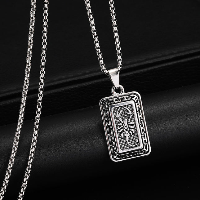 European and American Hip-Hop Retro Square Pendant Scorpion Necklace 2026 New Model Scorpio Stainless Steel Sweater Chain Necklace Trendy Wholesale