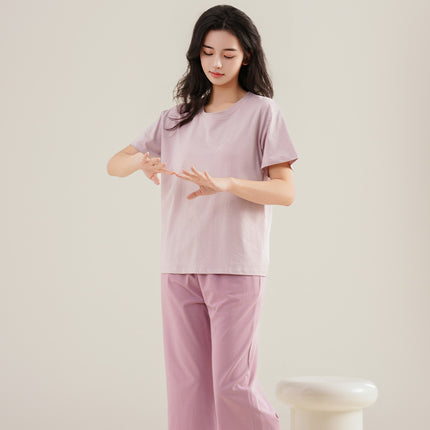 Summer Women's Pet Skin-feeling Cool Cotton Morandi Color-based Home Clothes Girl's Short-sleeved Cropped Pants Pajamas with Chest Pad