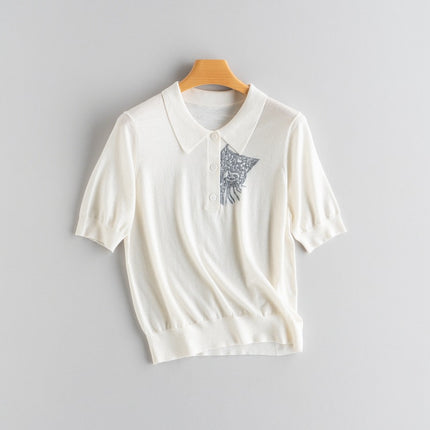 2026 Spring and Autumn Fine Knit Pure Cashmere Intarsia Short Sleeve 18-Gauge Thickened Thin Knit Sweater with Cat Head Design Versatile Knitwear
