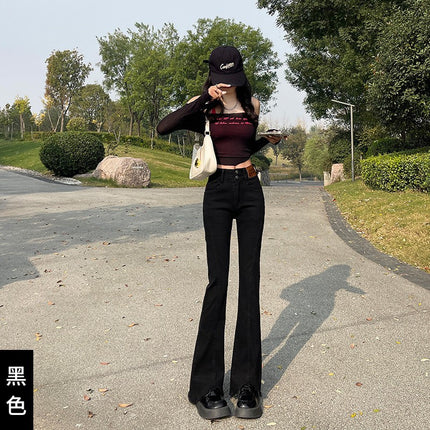 Vintage Blue Micro La Jeans Women's Autumn 2024 Fashionable All-match New High Waist Slimming Fur-edged Horseshoe Pants