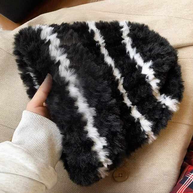 Winter color matching Korean style women's striped face-looking plush warm knitted wool hat big head circumference ear protection pile hat