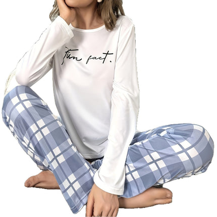 Homewear Cross-Border Pajamas Set Export Autum Women's Letter Printed Long-Sleeved Tops Plaid Pants Two-Piece Set