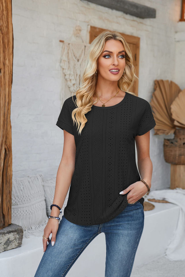 Amazon Independent Station Cross-border European and American Foreign Trade Women's Short-sleeved T-shirt US-size Needle-eye Hollow-out Crewneck Top