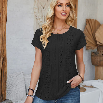 Amazon Independent Station Cross-border European and American Foreign Trade Women's Short-sleeved T-shirt US-size Needle-eye Hollow-out Crewneck Top