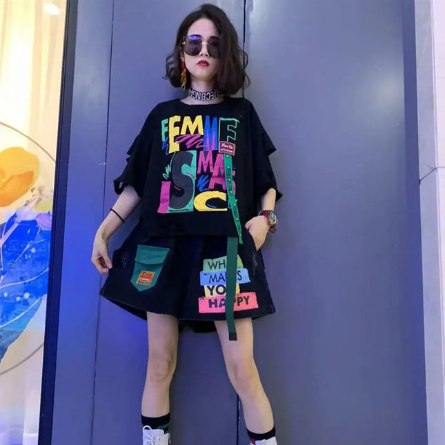 European Station Spring and Summer Large Size Loose Fat mm Elegant Casual Western Style Age-Reducing Fashion Printed Short-Sleeved Sports Suit