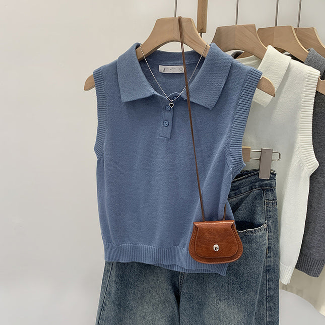 Unique and Exquisite Design Sleeveless Wool Knit Sweater for Women, New Summer 2025 Style with a Stylish Turn-Down Collar