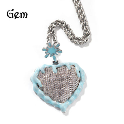European and American Hip Hop Oil Dropping Love Sweater Necklace Oil Dropping Luminous Ice and Fire Heart-shaped Fashion Didi Bouncer Pendant Necklace