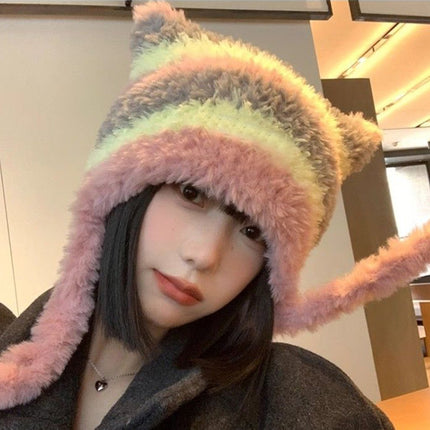Winter color matching Korean style women's striped face-looking plush warm knitted wool hat big head circumference ear protection pile hat