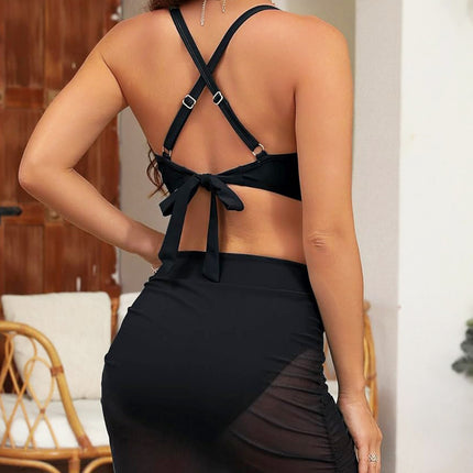 2025 Amazon New Fashion Sexy Mesh Stitching Push-up Back Strap Design Split Women's Swimsuit