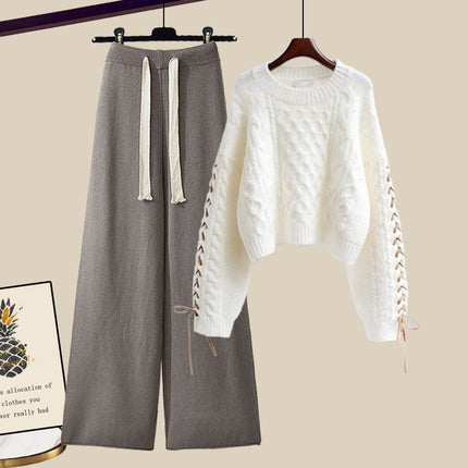 plus size Women's Autumn and Winter suit Women's 2024 New Pullover Knitted Sweater Women's Loose Slimming Wide Leg Pants Two-piece Set
