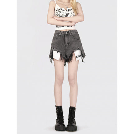 Actual Shot 2025!! Design Hollow Black and Gray Hot Girl Distressed Washed Denim Shorts Hot Pants Women's Trend