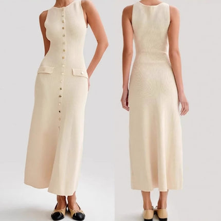 Cross-Border European and American Fashion Aliexpress Popular Round Neck Sleeveless Dress Single-Breasted High Waist Slim Party Banquet Long