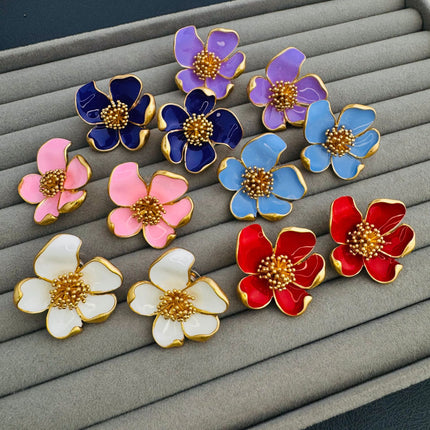 Oscar European and American Style Exaggerated High-End Old Vintage Enamel Flower Drip Glaze Earrings Niche Design Earrings for Women