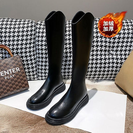 Fashionable and Elegant Long Slim Boots with Back Zipper, Knee-High Thick-Soled High Boots, 2025 Spring New Plush Women's Boots