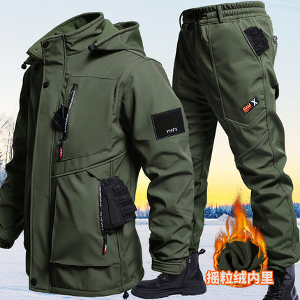 Cross-Border Men's Winter Velvet Thickened Military Fan Workwear Suit Soft Shell Waterproof Wind-Resistant and Wear-Resistant Cycling Workwear