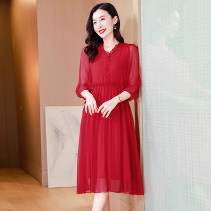 Solid Color Silk Half-Sleeve Dress, New Summer Style, Versatile and Elegant V-Neck Tie-Waist Dress