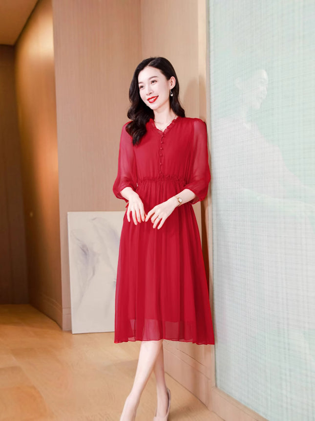 Solid Color Silk Half-Sleeve Dress, New Summer Style, Versatile and Elegant V-Neck Tie-Waist Dress