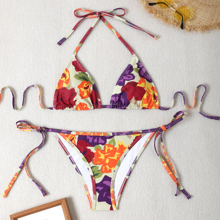 European and American 2025 New Fashion Floral Two-Piece Swimsuit High-Elastic Bikini Halter Neck Slimming Swimsuit