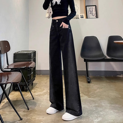 Gradient Contrast Color Wide Leg Jeans Women's Fashion All-match Black Grey Flesh Covering Slimming High Waist Straight Trousers