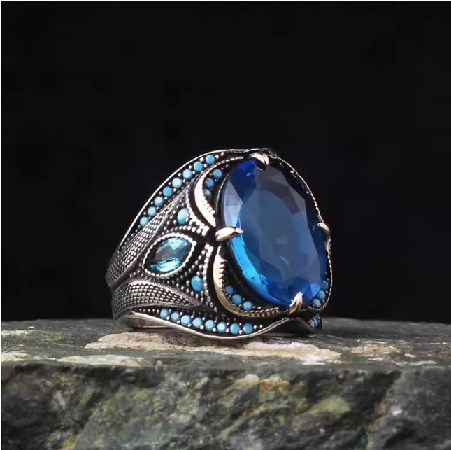 Cross-border Sapphire Men's Ring Temm Personality Retro Punk European and American Diamond Men's Ring Factory Outlet