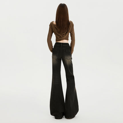 Retro American-Style Flared Jeans for Women, Autumn, Spicy Girl, Non-Stretch, Tall, Low-Rise, Heavy-Duty Washed Bell-Bottom Pants