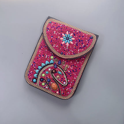Red Lotus Women's Mobile Phone Bag Xinjiang Inner Mongolia Yunnan Travel Souvenir Retro Heavy Industry Rice Bead Shoulder Bag