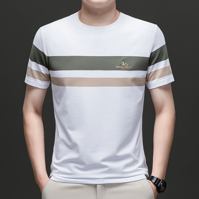Mingdi Mouse Men's Summer New Short-sleeved All-match Crewneck Pullover T-shirt Casual Striped Plus Size Men's T-shirt