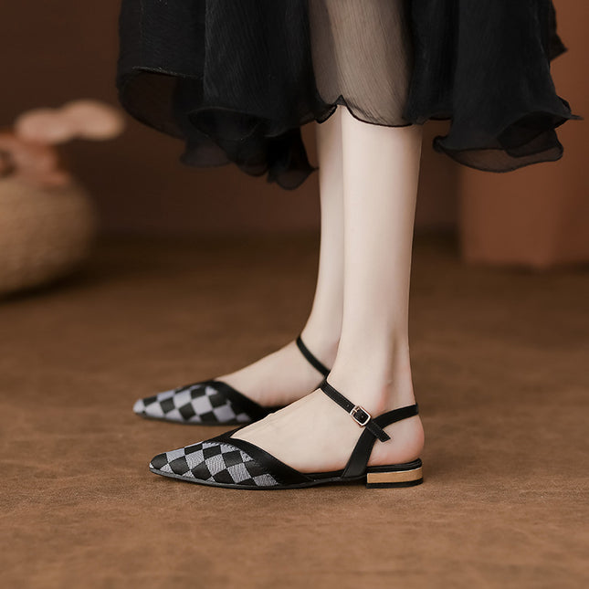 Baotou Women's Sandals, Summer Slippers for Outdoor Wear, Pointed Toe, Genuine Soft Leather, Shallow Mouth, Chunky Heel, Single Strap, Flat Shoes