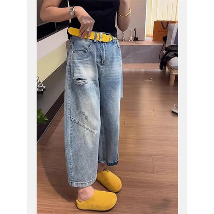 Ripped Cropped Harem Jeans for Women, Spring New Style, Pear-Shaped Figure, Thin Carrot Pants, Plus Size Loose Wide-Leg Pants