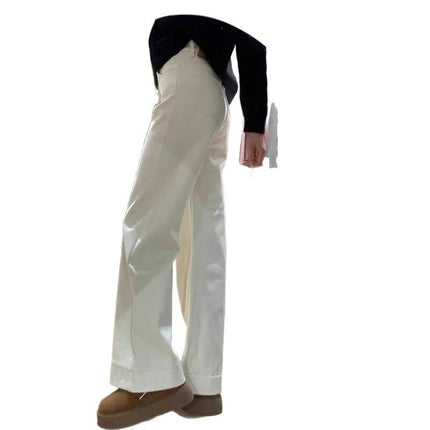 creamy-white Micro-Lam Jeans Women's Trendy All-Match New Korean-Style Ins High-Waist Slimming Narrow Wide-Leg Pants