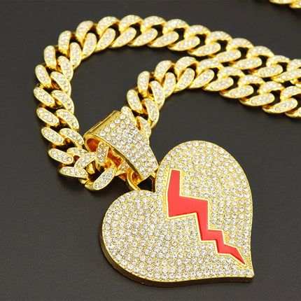 European and American Hip Hop Style Full of Red Oil Broken Heart Pendant Chain Necklace Personality Clavicle Chain Sweatshirt Necklace Chain