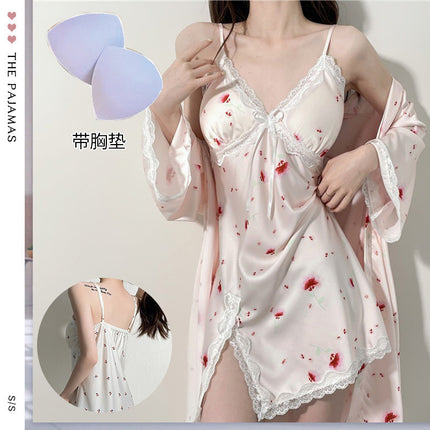 Jiangnan Style Fresh Print Fashion Casual Home Clothes Spring and Summer Sexy Deep V Women's Sling Skirt Nightgown Two-Piece Set