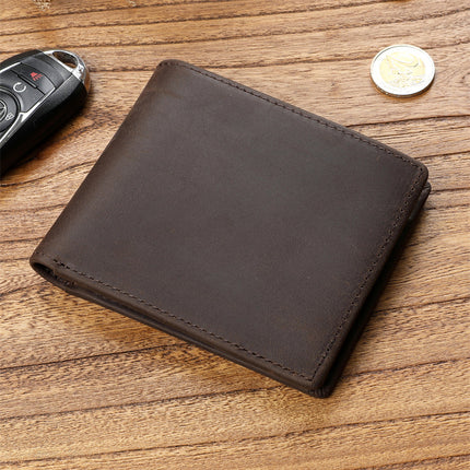 Men's Retro Crazy Horse Top Layer Cowhide Short Wallet Youth Genuine Leather Driver's License Wallet for Boyfriend Dad Gift