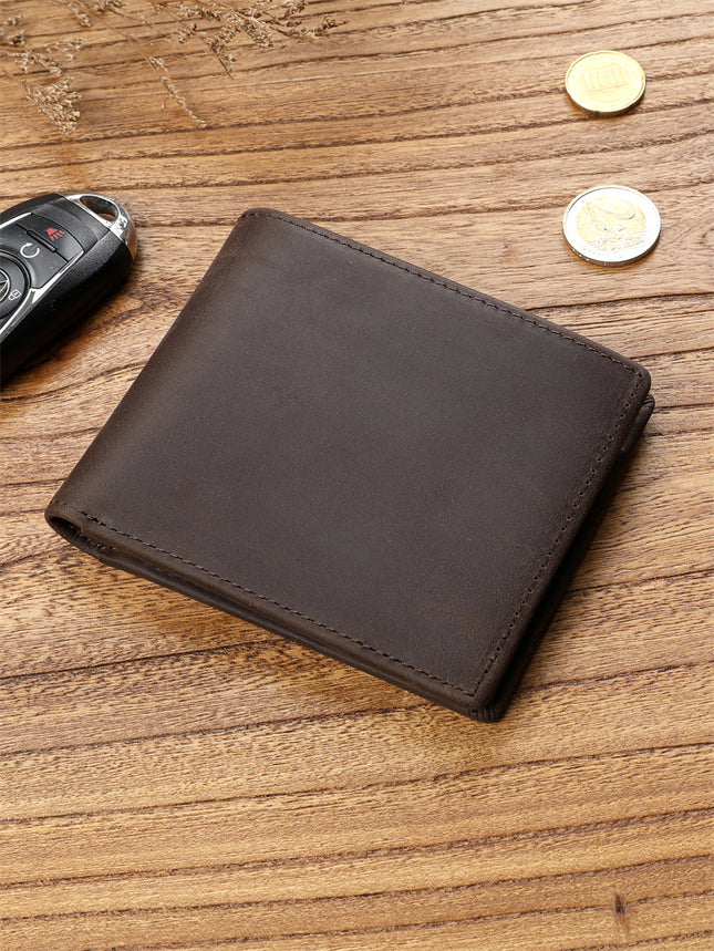 Men's Retro Crazy Horse Top Layer Cowhide Short Wallet Youth Genuine Leather Driver's License Wallet for Boyfriend Dad Gift