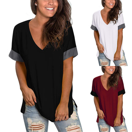 2024 Europe and the United States Spring and Summer Cross-Border New Women's Basic Solid Color V-Neck Short-Sleeve Stitching
