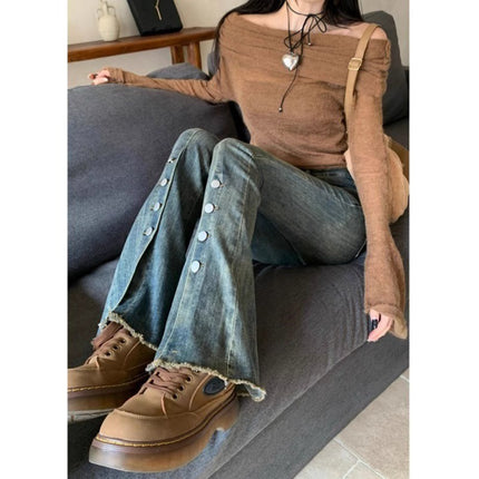 Stretch Split Micro Lar Jeans Women's Fashionable All-match New Arrival Cuff Button Design High Waist Slimming Trumpet Pants