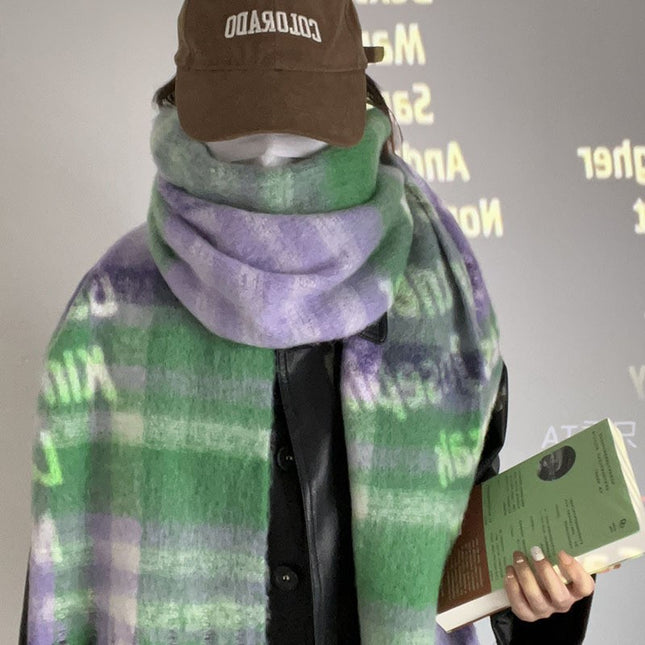 Soft glutinous green plaid scarf women's winter high-grade versatile Korean style warm thickened scarf shawl dual-use couple