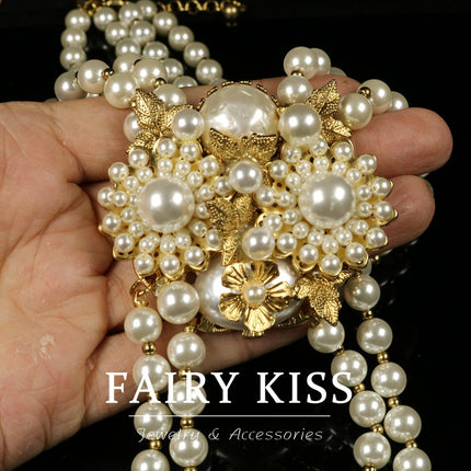 Middle Ancient New Style Heavy Industry Woven Pearl Chain Flower Vintage Alloy Hollow Pattern Design Women's Necklace Earrings